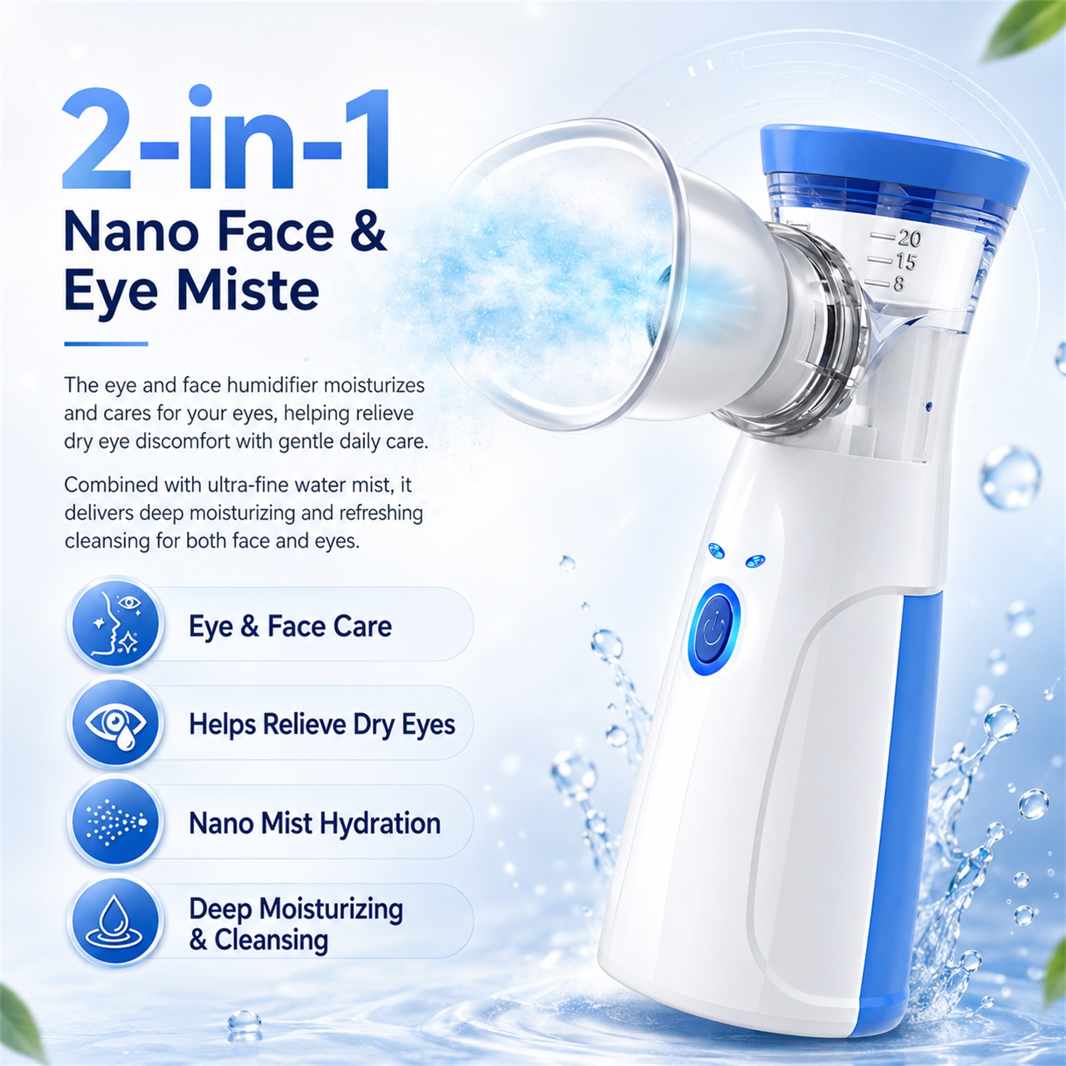Facial Steamer Nano - ハンドヘルドフェイシャルナノミスター、ポータブル保湿加湿器、多機能目元＆顔用マニュアルスチーマー、肌保湿ケアデバイス